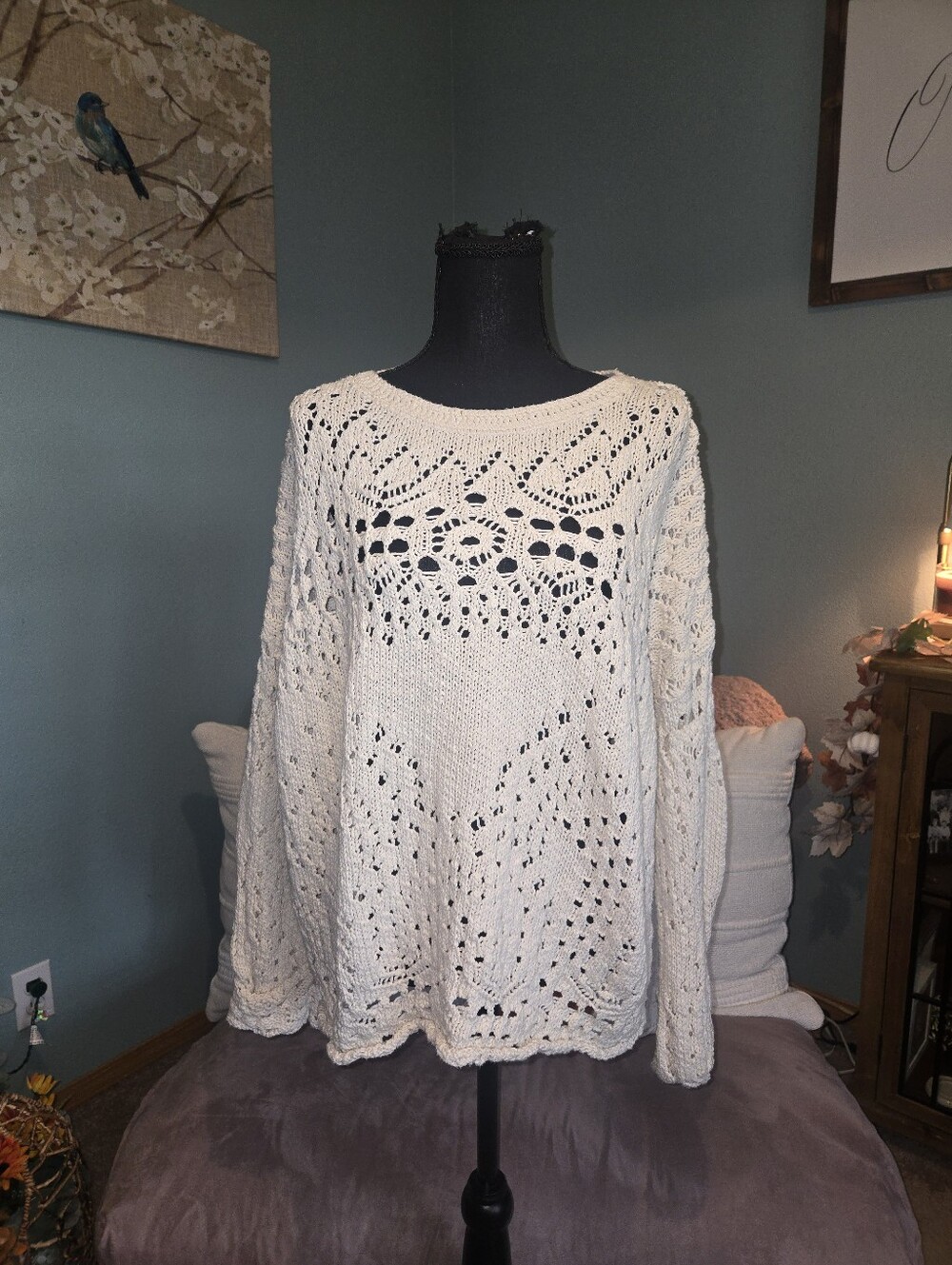 Free People Cream Open Knit Crochet Pullover
